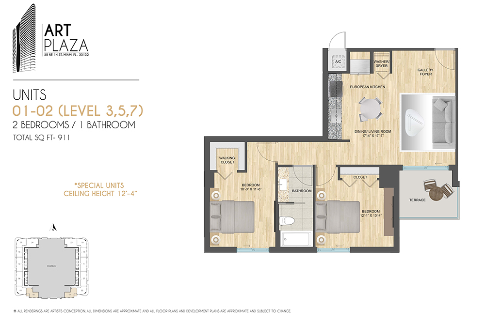 Units 01–02, levels 3, 5, 7 — 2 bed / 1 bath, 911 SF