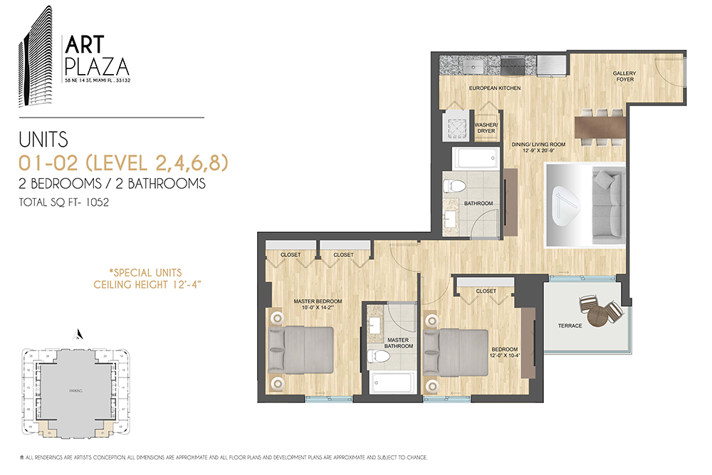 Units 01–02, levels 2, 4, 6, 8 — 2 bed / 2 bath, 1,052 SF