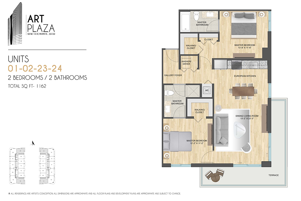 Units 01, 02, 23, 24 — 2 bed / 2 bath, 1,162 SF