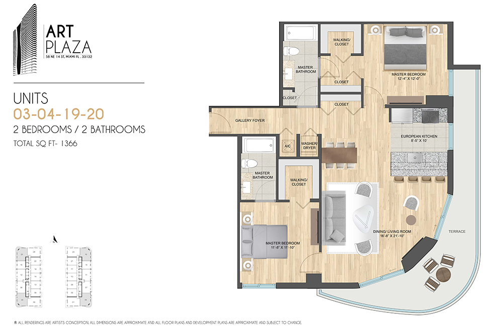 Units 03–04, 19–20 — 2 bed / 2 bath, 1,366 SF