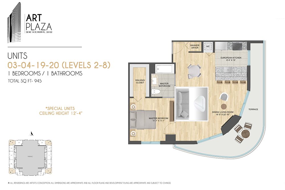 Units 03–04, 19–20 — 1 bed / 1 bath, 945 SF