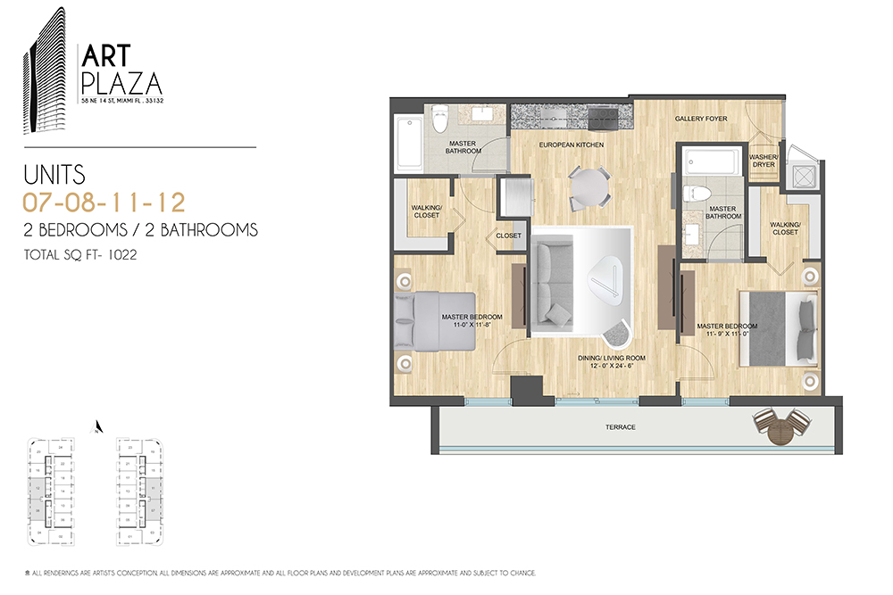 Units 07–08, 11–12 — 2 bed / 2 bath, 1,022 SF
