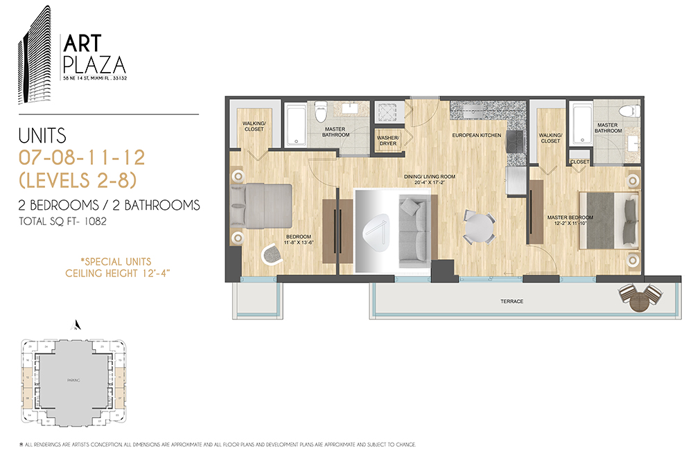 Units 07–08, 11–12 — 2 bed / 2 bath, 1,082 SF