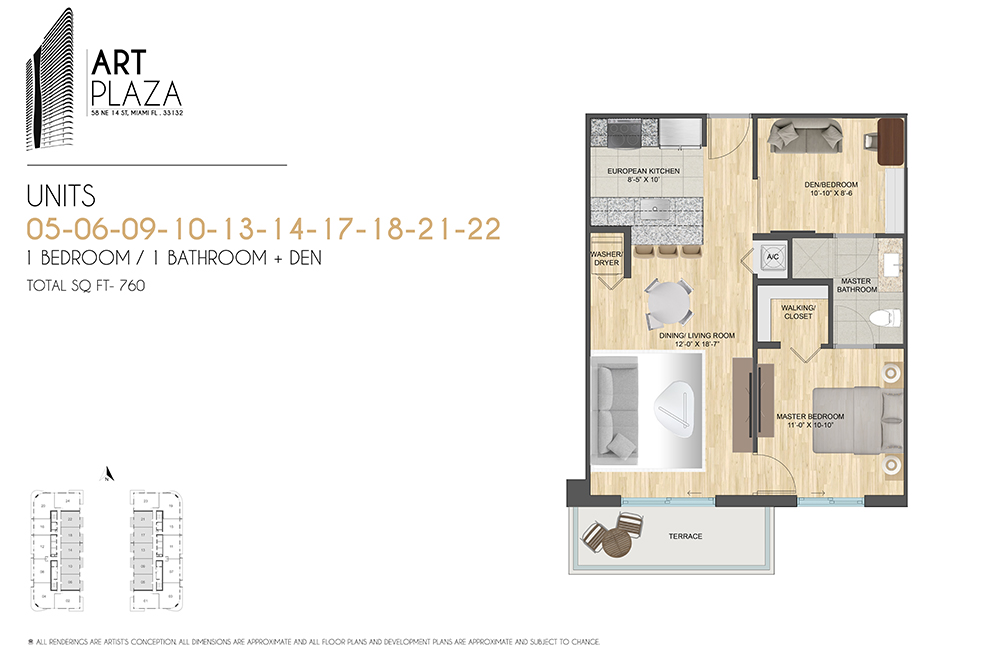 Units 05–06, 09–10, 13–14, 17–18, 21–22 — 1 bed / 1 bath + den, 760 SF