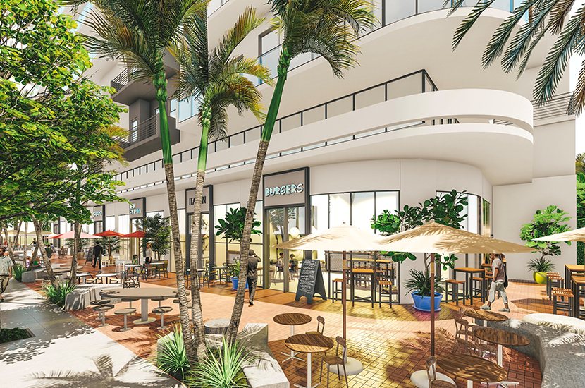 Ground-floor kitchen, dining, and retail plaza