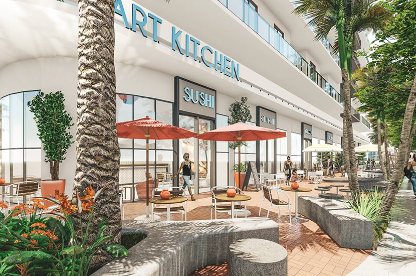 Cafe seating at the base of Art Plaza Tower