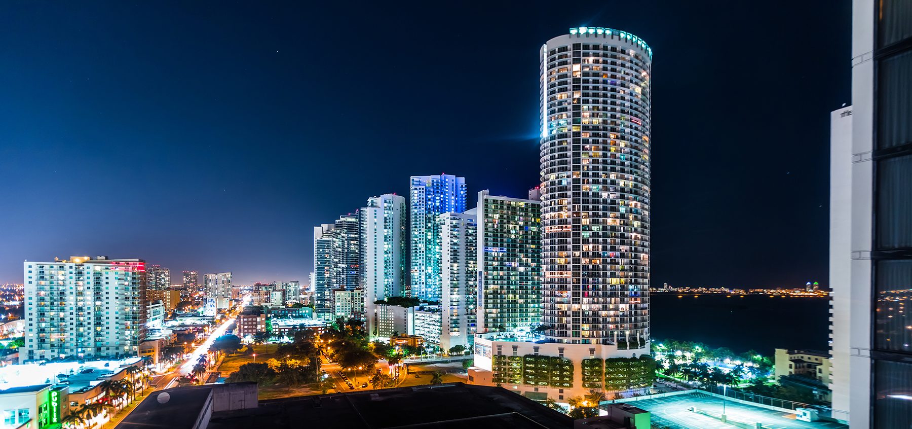 Miami skyline at night near Art Plaza Tower
